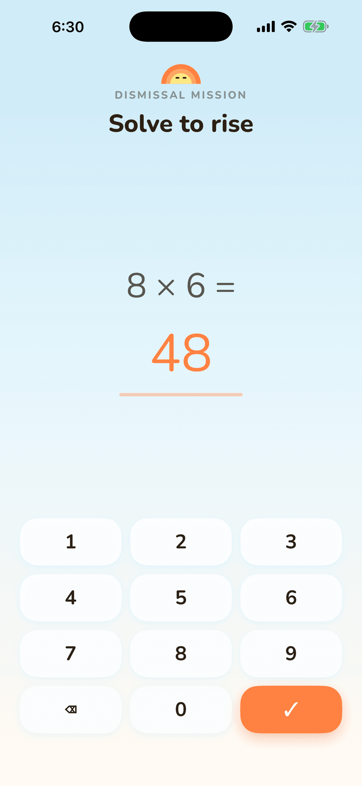BrighterStart dismissal mission asking you to solve 8 × 6 before the alarm clears
