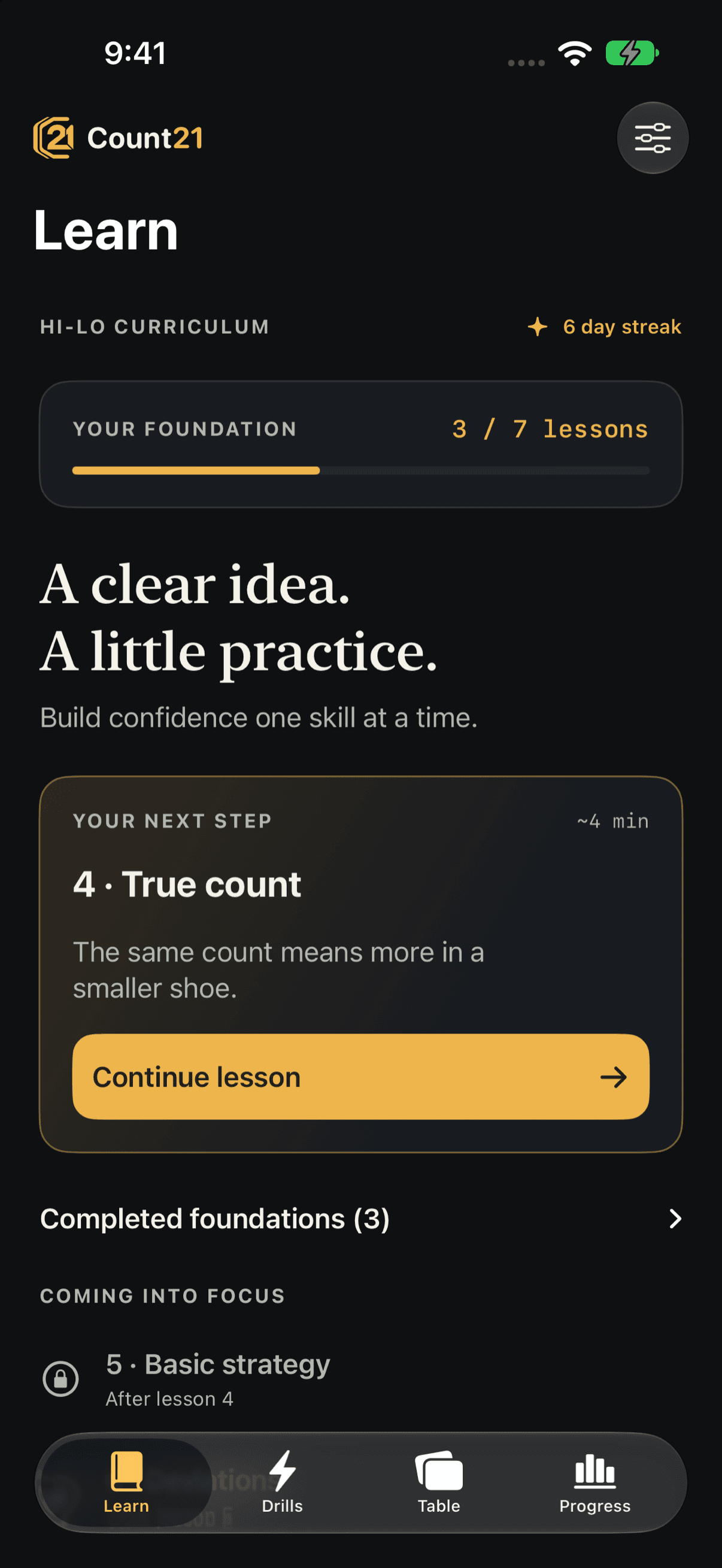 Count21 Learn screen with three of seven lessons complete and True count up next