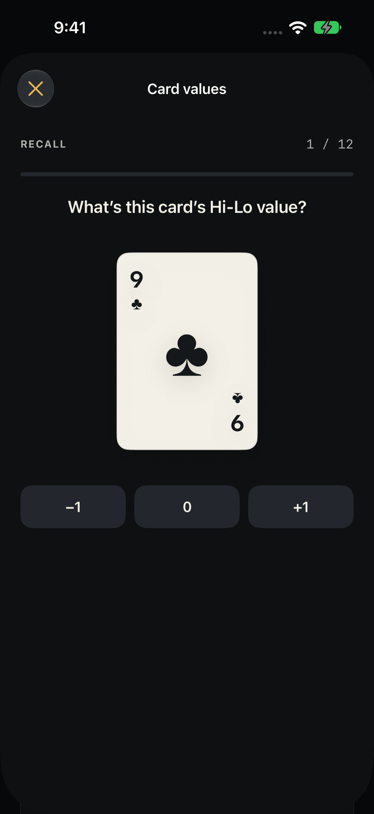 Count21 card-value drill asking the Hi-Lo value of a nine of clubs
