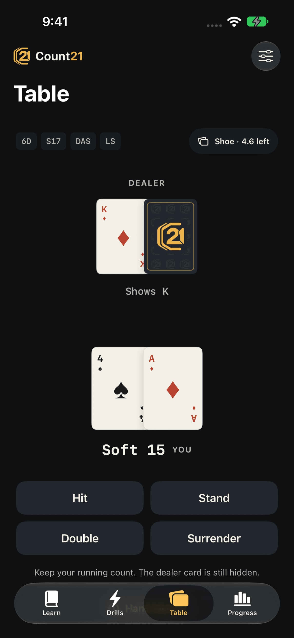Count21 practice table with a soft 15 against a dealer king