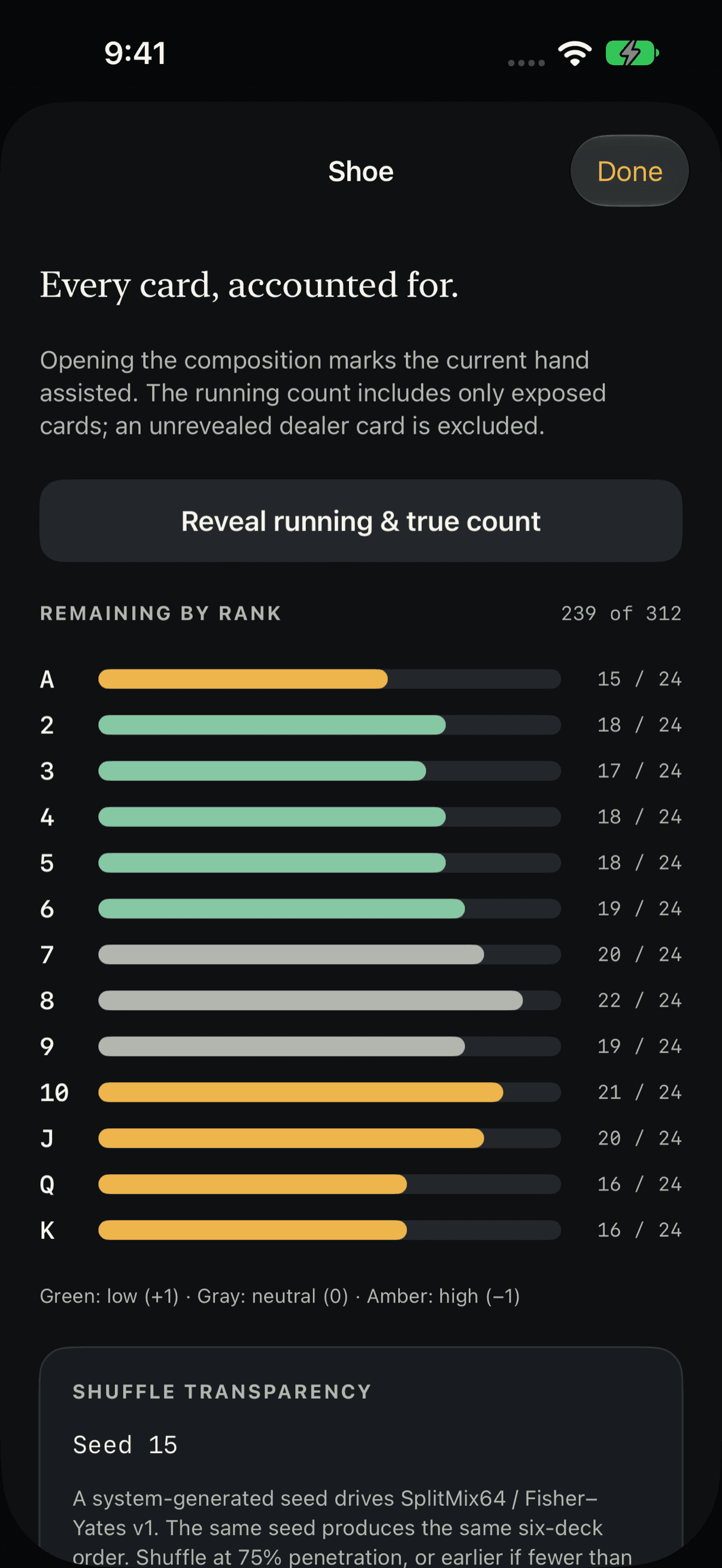 Count21 shoe inspector showing remaining cards by rank and the shuffle seed