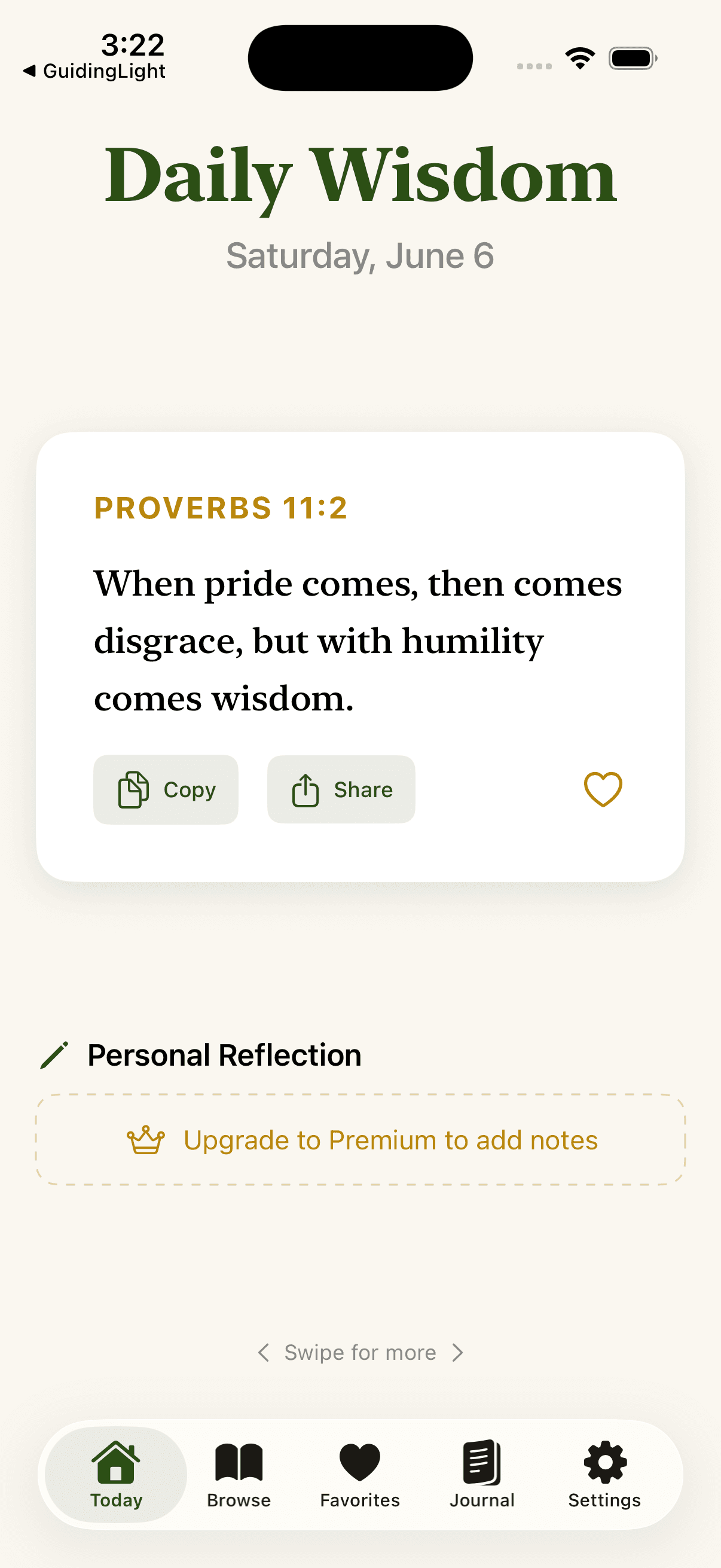 Daily Wisdom showing a Proverbs verse with copy and share
