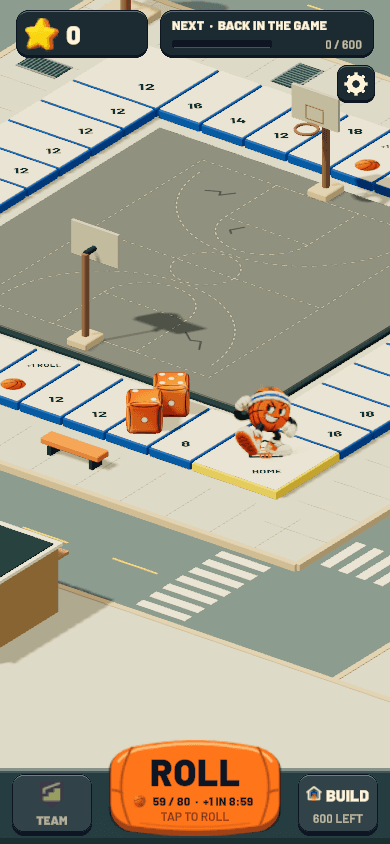 Hoops Trivia 2.0 development build showing two orange dice, the basketball mascot and a neighborhood board around a home court