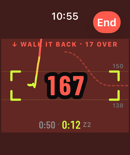 LockIN on Apple Watch at 167 bpm, 17 over the band, telling the runner to walk it back